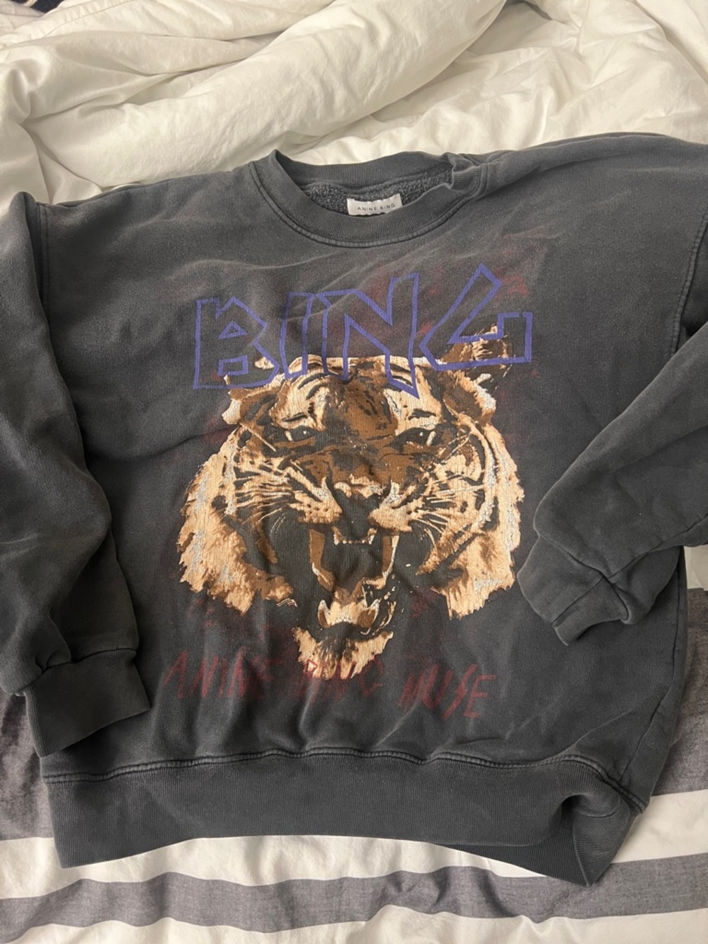 Anine Bing Black Graphic Tiger Crew Sweatshirt with Purple Logo